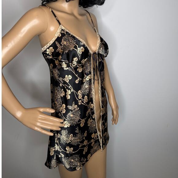 Victoria’s Secret Black Gold Floral Satin Open-Front lace trimTop Slip dress S - Picture 9 of 14
